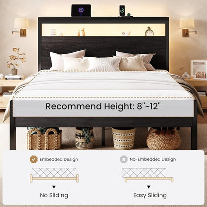 SHA CERLIN Full Bed Frame with 2-Tier LED Headboard & USB-C Charging, Black Oak