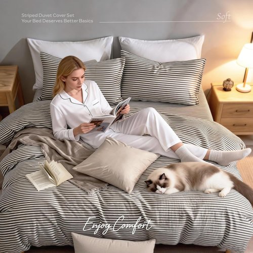 JELLYMONI 100% Natural Cotton Striped Duvet Cover Set - White & Grey | Queen Size, Zipper Closure & Corner Ties