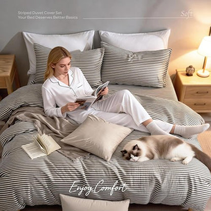 JELLYMONI 100% Natural Cotton Striped Duvet Cover Set - White & Grey | Queen Size, Zipper Closure & Corner Ties