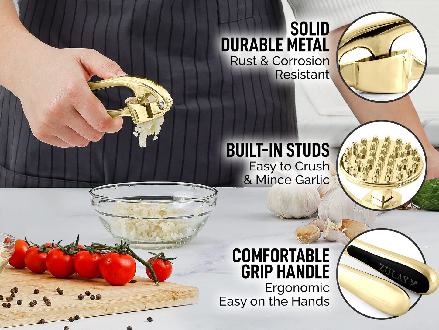 Zulay Kitchen Premium Garlic Press with Soft, Easy to Squeeze Handle - Includes Silicone Garlic Peeler & Cleaning Brush - 3 Piece Garlic Mincer Tool - Sturdy Easy to Clean Garlic Crusher (Gold)