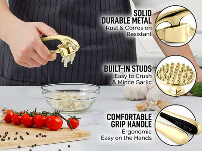 Zulay Kitchen Premium Garlic Press with Soft, Easy to Squeeze Handle - Includes Silicone Garlic Peeler & Cleaning Brush - 3 Piece Garlic Mincer Tool - Sturdy Easy to Clean Garlic Crusher (Gold)