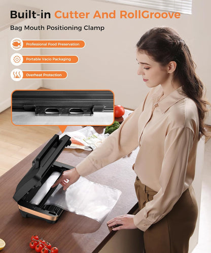 Vacuum Sealer Machine - 95kpa Commercial Food Sealer with Double Heat Seal | Easy-Lock Handle & Built-in Cutter (Black)
