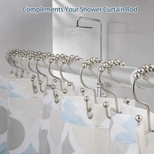 DAWNER Shower Curtain Hooks, Rust Proof Metal Easy Glide Double Rings, Stainless Steel Hangers for Bathroom Curtains, Set of 12, Brushed Nickel
