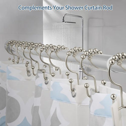 DAWNER Shower Curtain Hooks, Rust Proof Metal Easy Glide Double Rings, Stainless Steel Hangers for Bathroom Curtains, Set of 12, Brushed Nickel