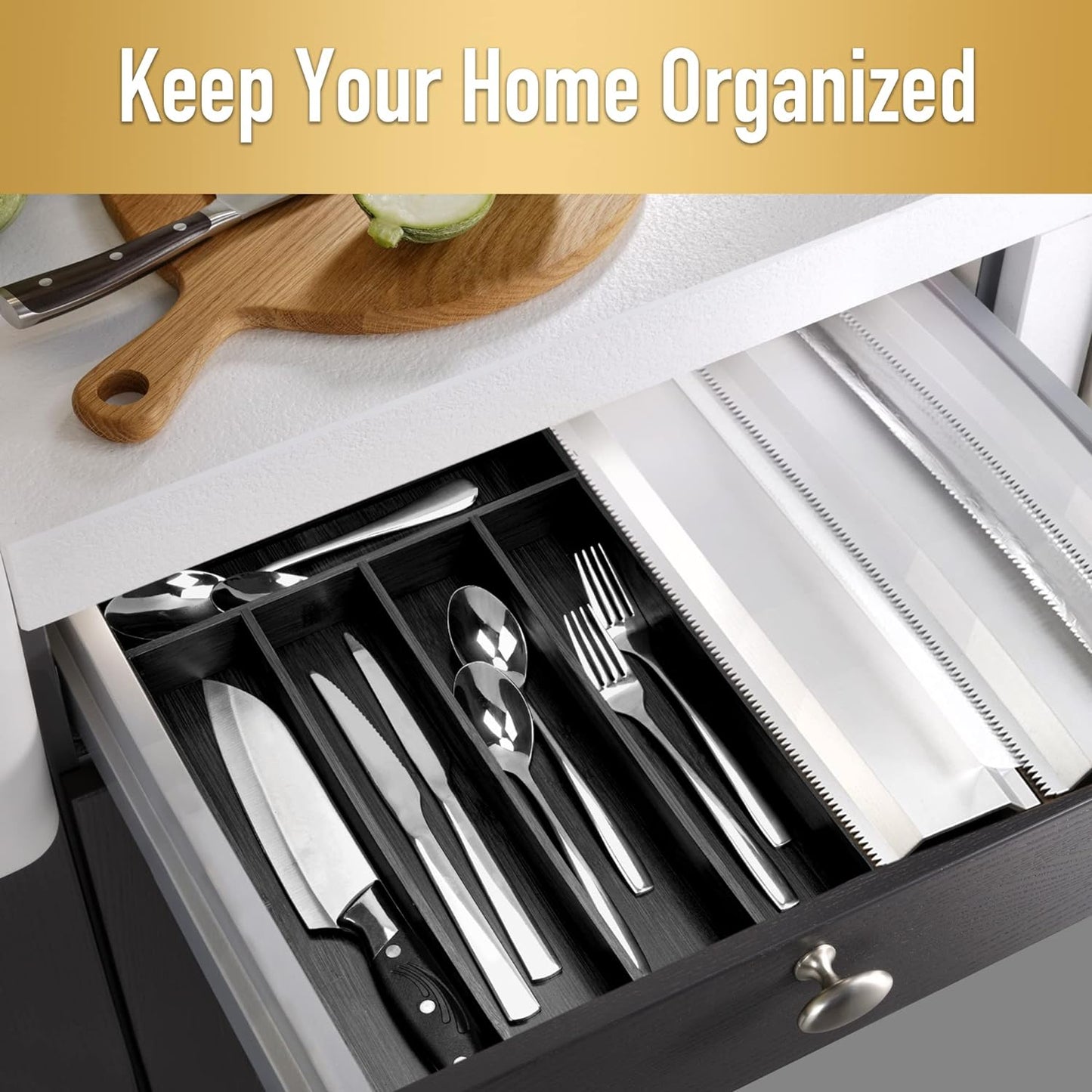 Regine Switzerland Bamboo Silverware Holder - 5-Slot Drawer Organizer in Black