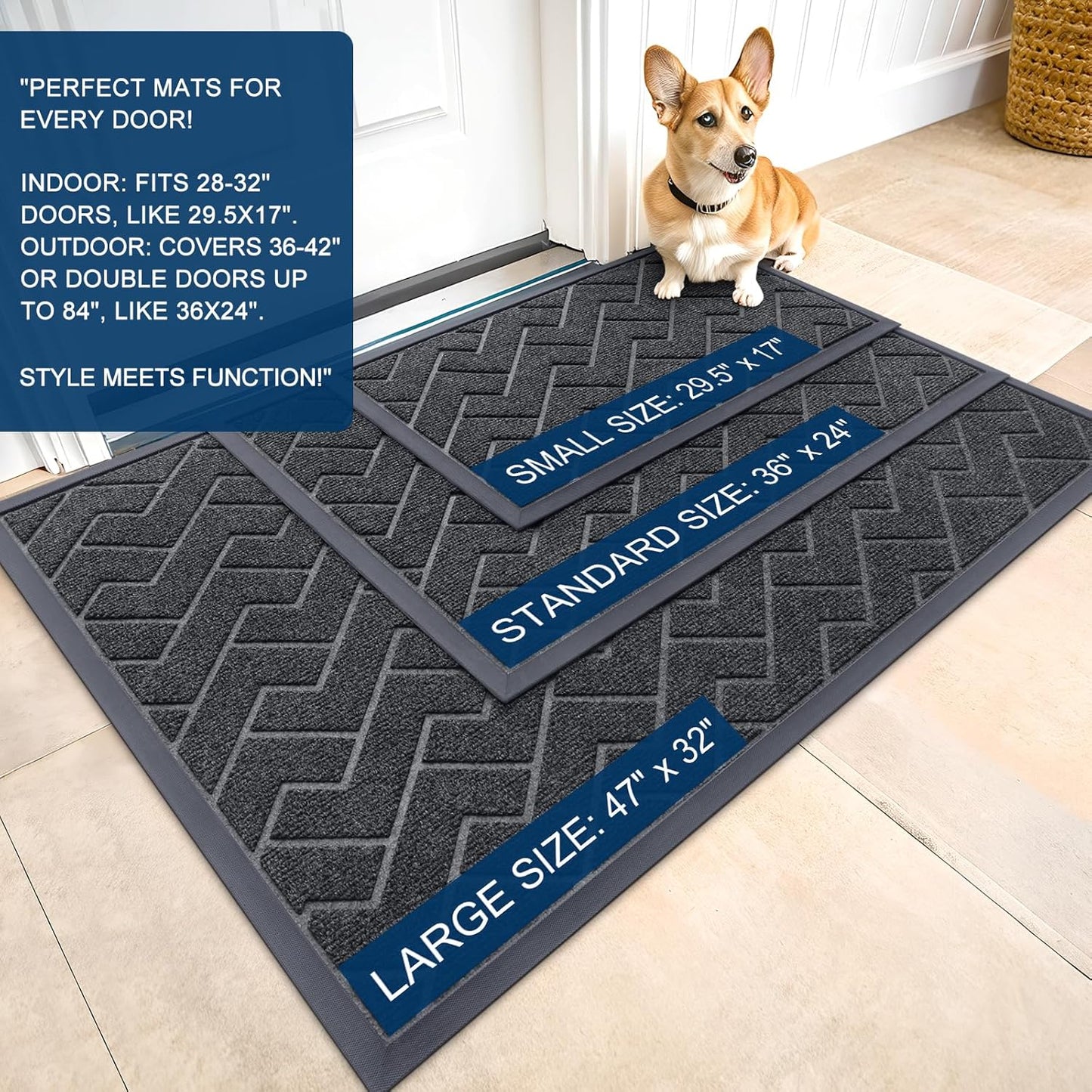 OLANLY Indoor Outdoor Front Door Mat - Waterproof All-Season Herringbone Design | Easy Clean, 47x23 Inches, Grey