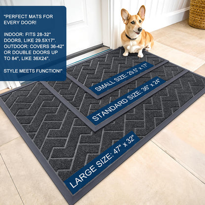 OLANLY Front Door Mat Indoor Outdoor Entrance, Waterproof All-Season, All-Weather Doormat, Sturdy Natural Rubber, Low Profile, Easy Clean Patio Porch Entryway Mat, Herringbone Brick (Grey, 59x35)