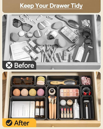 KEMETHY 25 PCS Plastic Drawer Organizers Set - Versatile Makeup & Desk Storage Trays | Black