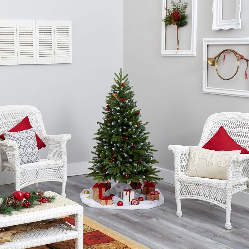 Snow Tipped Portland Spruce Prelit Christmas Tree, 4 ft with Frosted Berries & Pinecones - 100 LED Lights