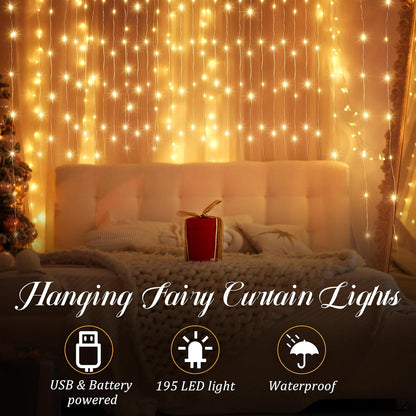 Tuanse 195 LED Curtain Lights - 8 Lighting Modes & Remote Control | 6.5 x 5 Feet Fairy Backdrop for Indoor/Outdoor Decor