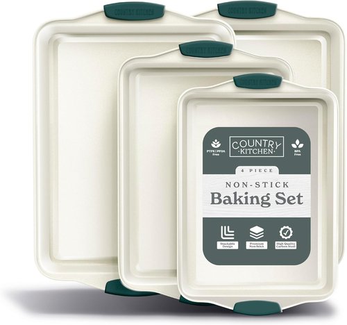 Country Kitchen Nonstick Bakeware Set - Heavy Duty & Durable, Easy Release, Sage | 4-Piece Set