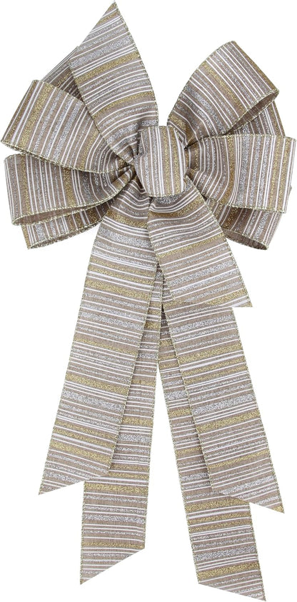 Meseey Large Burlap Ribbon Bow - Gold & Silver Glitter Stripe | 11 x 20 Inch for Christmas Gifts & Party Decor