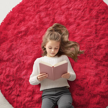 OLANLY Red Round Area Rug - Soft, Fluffy, Machine Washable 5 ft Circle Carpet for Bedroom & Living Room Decor