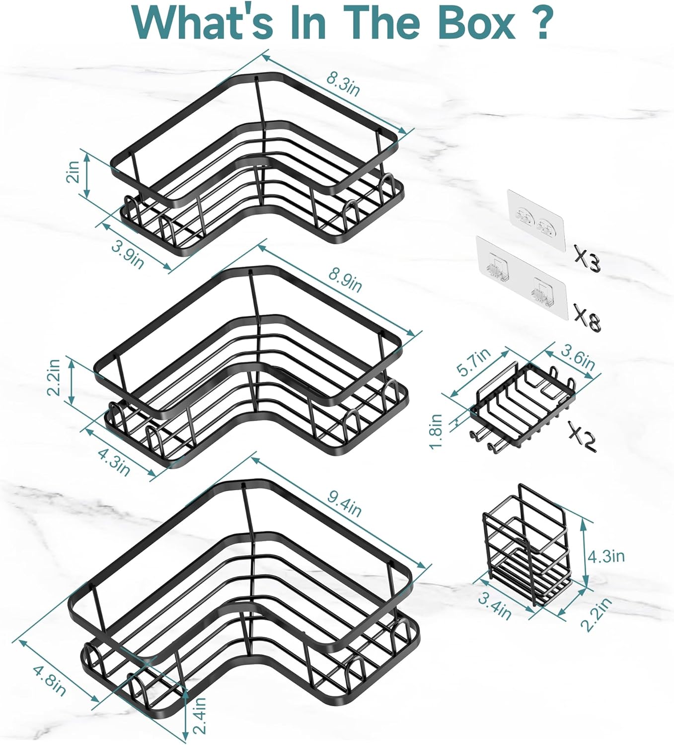 Veken Corner Shower Caddy - Rustproof Wall-Mounted Organizer with Soap Holder | 6-Pack, Black