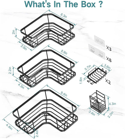 Veken Corner Shower Caddy - Rustproof Wall-Mounted Organizer with Soap Holder | 6-Pack, Black