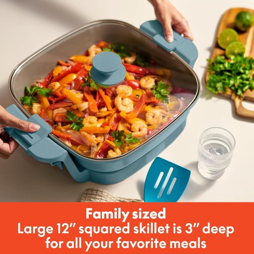 Bella Make & Take Electric Skillet - Adjustable Temperature | Dishwasher-Safe Glass Lid, 1200W, Surf Color