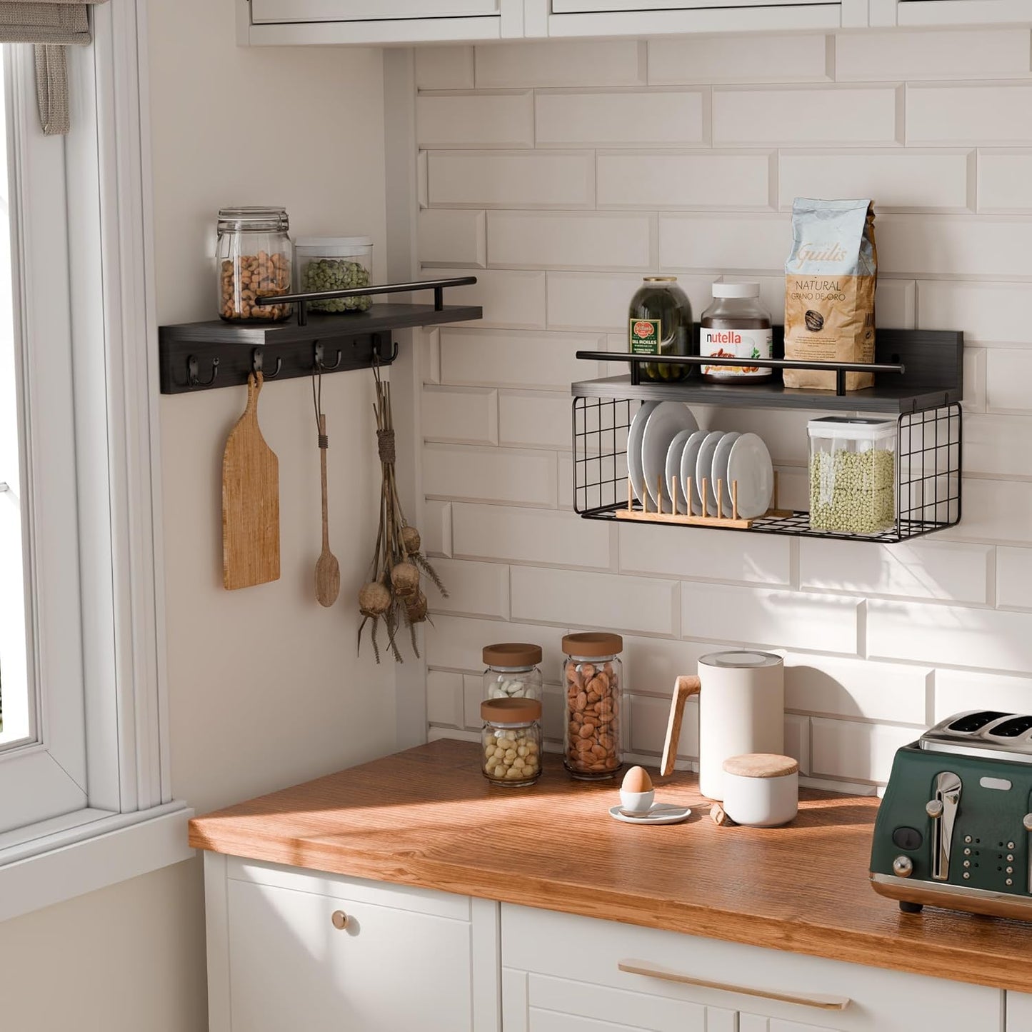 Regine Switzerland Floating Shelves - Black Bathroom Wall Shelves Over Toilet | Set of 2 with Basket & Hooks