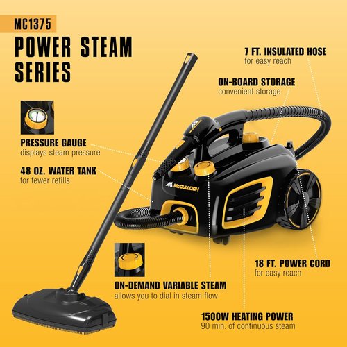 McCulloch Canister Steam Cleaner MC1375 - 90-Minute Runtime, 20 Accessories for Home & Car Detailing