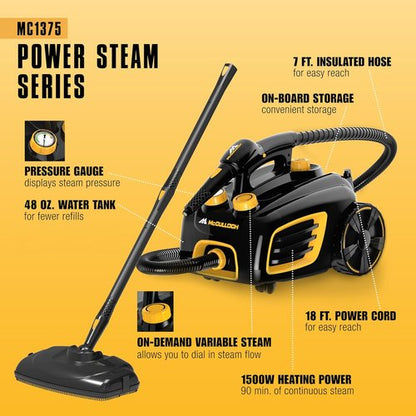 McCulloch Canister Steam Cleaner MC1375 - 90-Minute Runtime, 20 Accessories for Home & Car Detailing