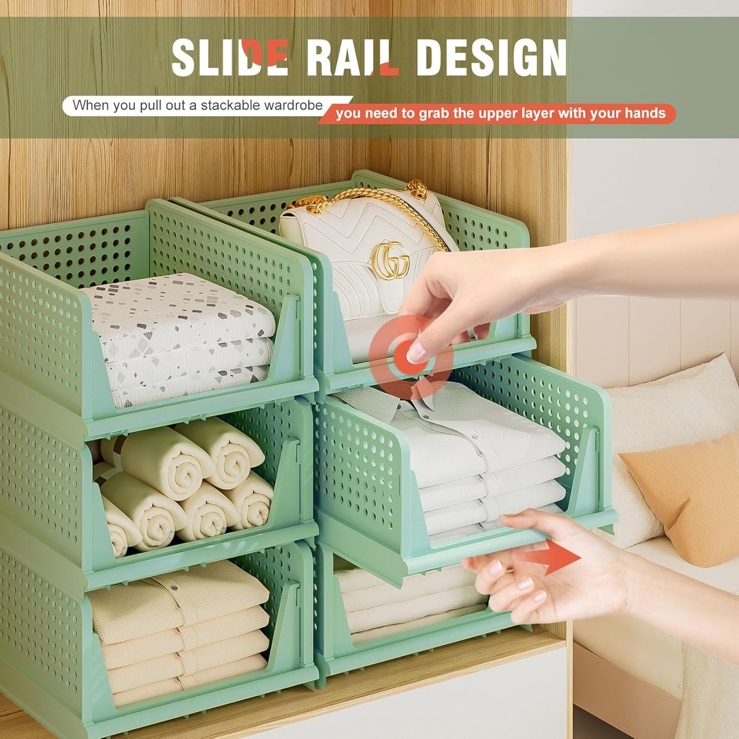Stackable Plastic Storage Drawers - Closet Organizer Bins for Clothes | 5 Green Open Storage Bins