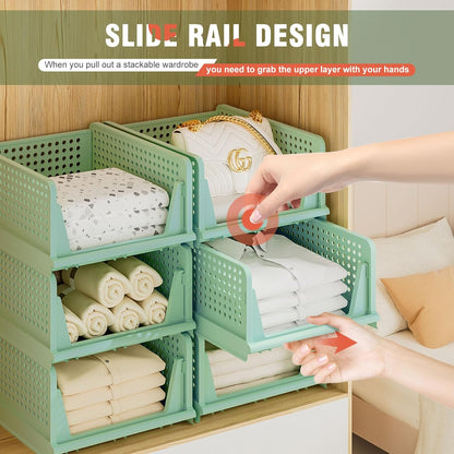 Stackable Plastic Storage Drawers - Closet Organizer Bins for Clothes | 5 Green Open Storage Bins