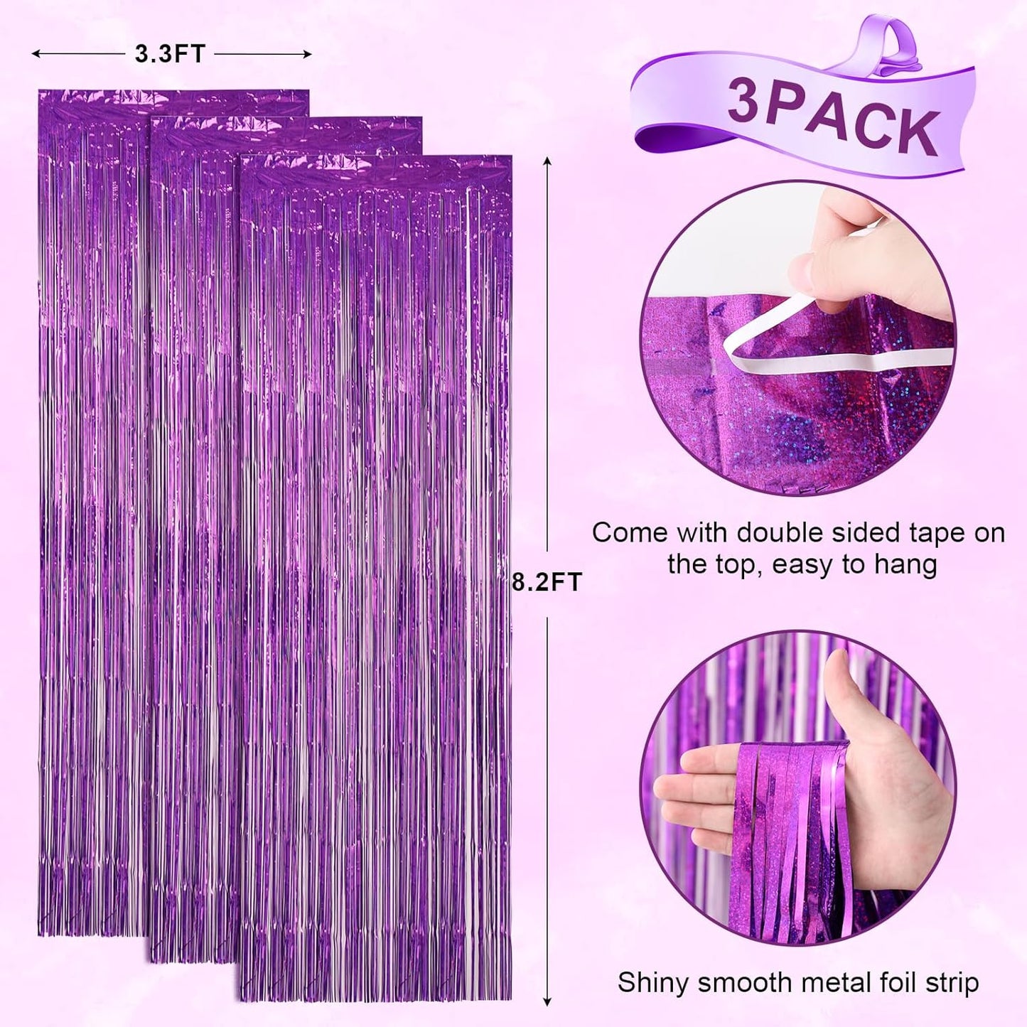 Voircoloria Laser Purple Foil Fringe Backdrop Curtains - 3 Pack Tinsel Streamers for Parties & Events