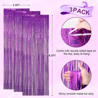Voircoloria Laser Purple Foil Fringe Backdrop Curtains - 3 Pack Tinsel Streamers for Parties & Events