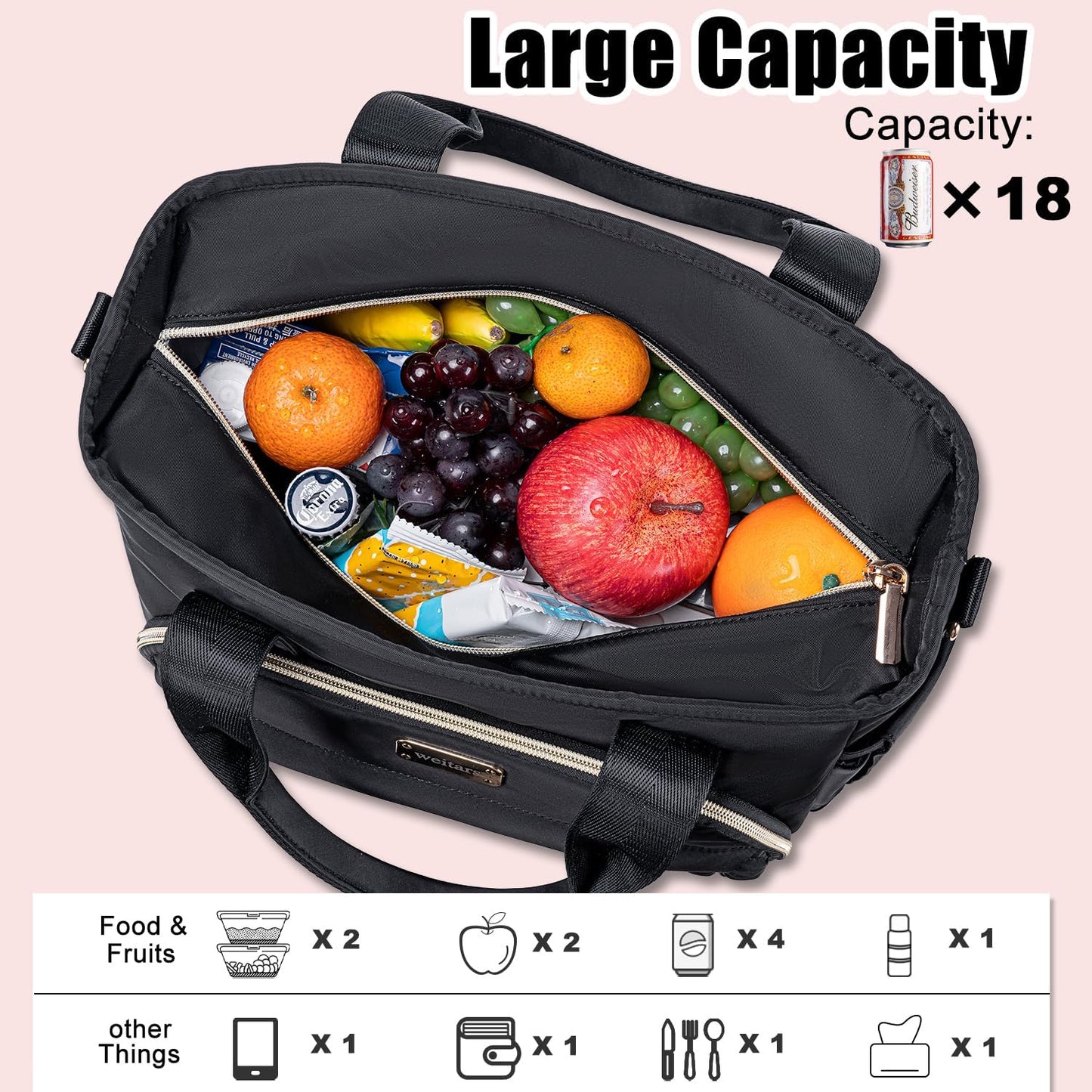 Weitars Insulated Lunch Bag - Leak-Proof Extra Large Tote with Removable Shoulder Strap & Side Pockets | Black