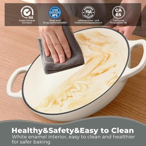 Cast Iron Dutch Oven | 6Qt Sourdough Bread Baking Pan with Lid - Enameled, Oven Safe to 482℉, White