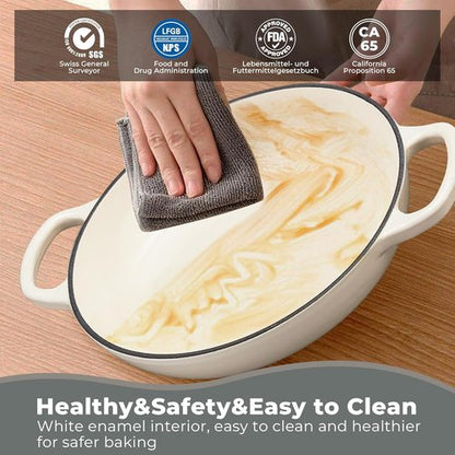 Cast Iron Dutch Oven | 6Qt Sourdough Bread Baking Pan with Lid - Enameled, Oven Safe to 482℉, White