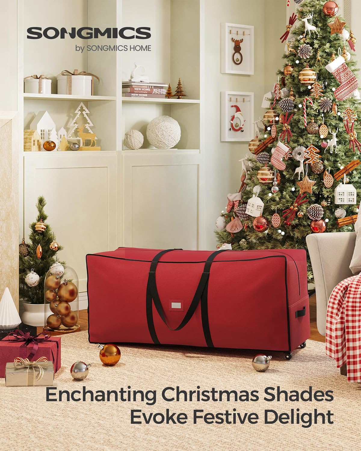 SONGMICS Christmas Tree Storage Bag - Rolling Design with 1.6-Inch Wheels | Fits Up to 7.5 ft Trees, Cherry Red