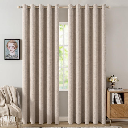 MIULEE Blackout Linen Textured Curtains - Thermal Insulated Natural Beige | 62 x 90 Inch (2 Panels) for Luxury Bedroom & Living Room Decor
