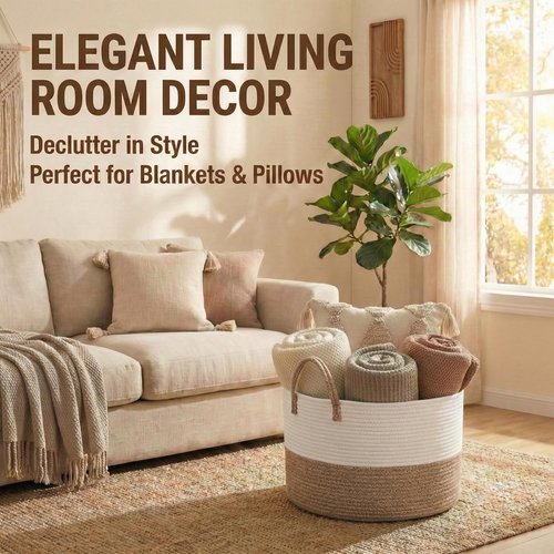 JMvicyroam 65L Extra Large Blanket Basket - Woven Cotton Rope Laundry Hamper with Handles | Machine Washable, White & Brown