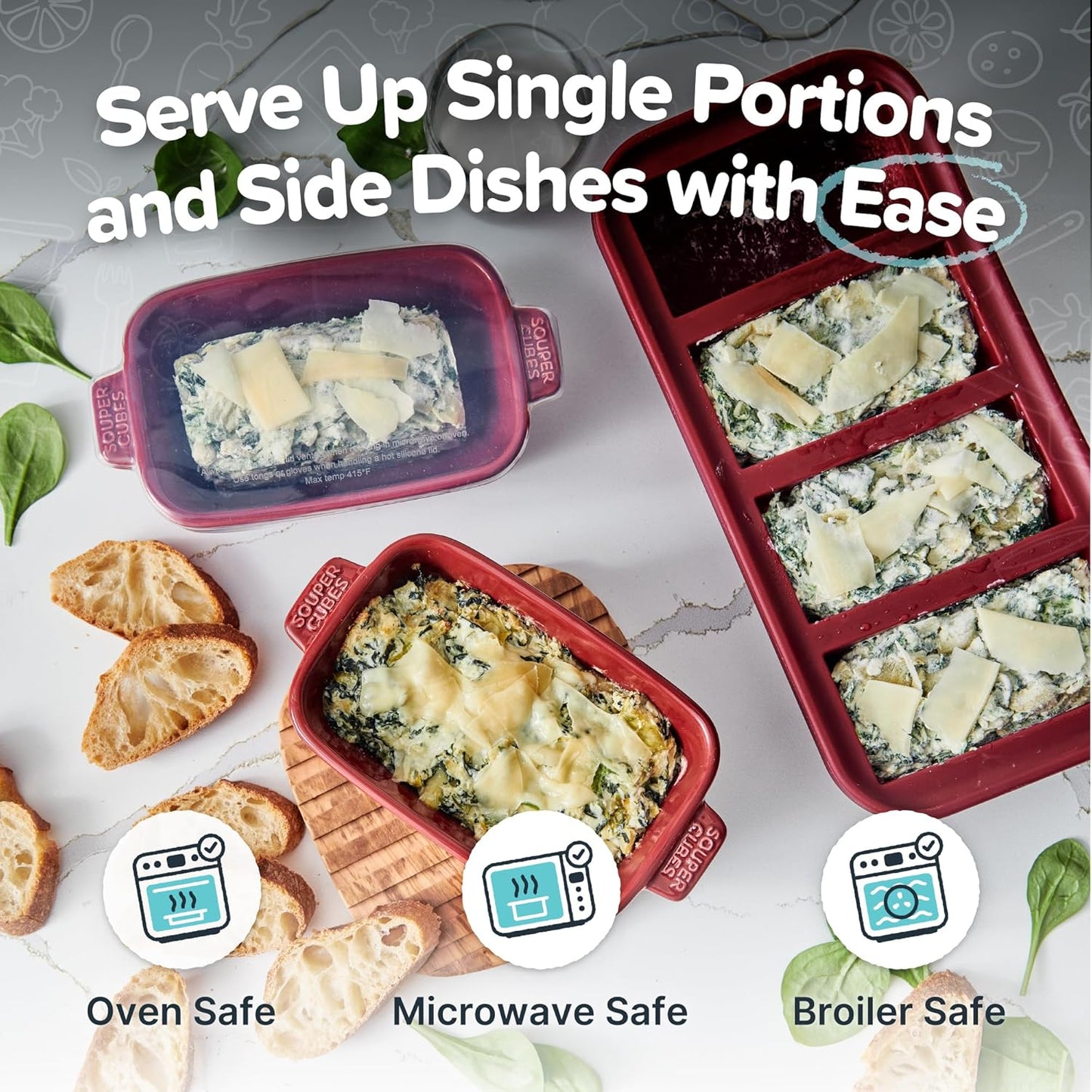 Souper Cubes Stoneware - Small 5" x 3" Ceramic Baking Dish Set with Silicone Covers | Perfect for Single Serve Portions - Cranberry