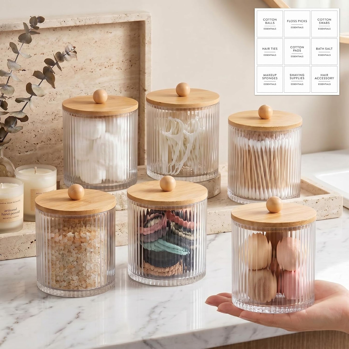 Yaomiao Ribbed Bathroom Canisters - 6 Pcs Apothecary Jars with Bamboo Lids & Labels | 18 oz Plastic Storage for Cotton Balls, Swabs, Floss Picks