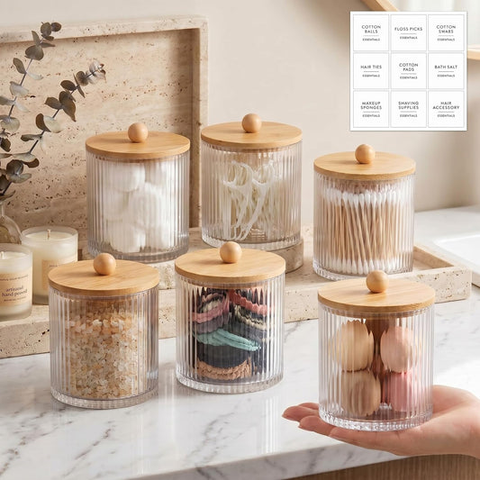 Yaomiao Ribbed Bathroom Canisters - 6 Pcs Apothecary Jars with Bamboo Lids & Labels | 18 oz Plastic Storage for Cotton Balls, Swabs, Floss Picks
