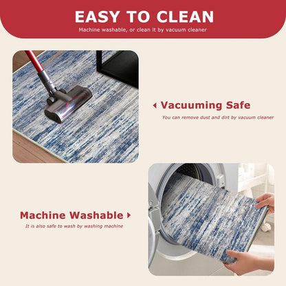 KOZYFLY Modern Abstract Hallway Runner Rug, 2.6x8 Washable Rug Runner Non-Slip Soft Striped Kitchen Runner Rugs, Print Distressed Grey Blue Carpet Runner for Entryway Bathroom Laundry Room Foyer