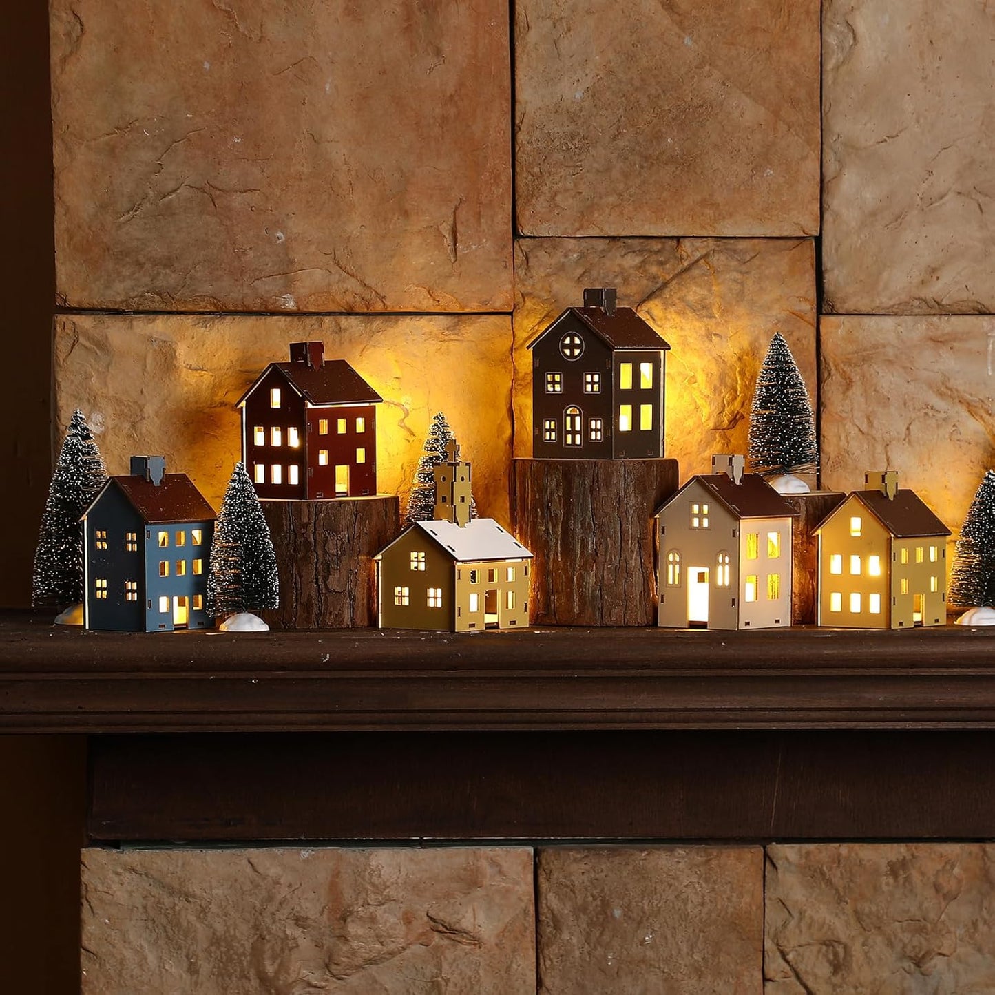 Yalikop 18-Piece Easter Village Houses Set - Colorful Wooden Homes & Church with LED Candle Light