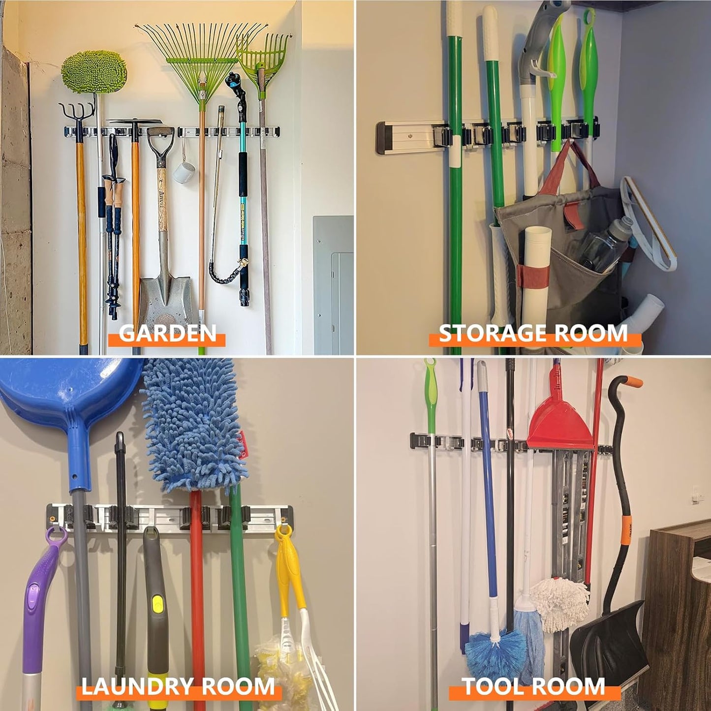 Reliahom Broom Holder Wall Mount - 5 Racks & 4 Hooks for Organized Garage, Kitchen & Garden Storage
