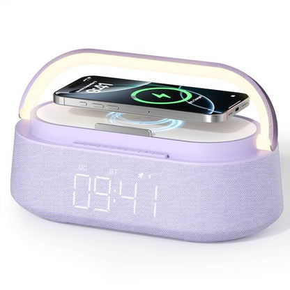 FREEFISH Bluetooth Speaker with Wireless Charger, FM Radio, Dimmer Night Light, Phone Holder, Wireless Charging Speakers for iPhone Samsung AirPods, Bedrooms Home Office Gifts
