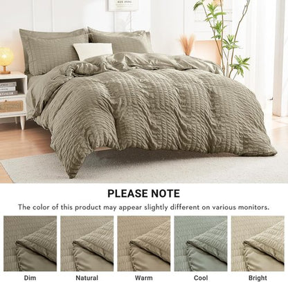 HYMOKEGE Linen Full Size Comforter Set - All Season Luxury Bedding in Seersucker Design | 7 Pieces