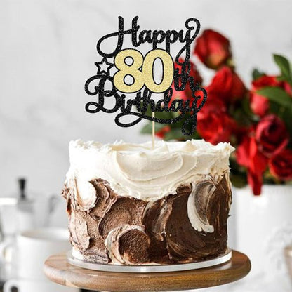 Happy 80th Birthday Cake Topper by [Brand Name] - Black Gold Glitter Design | Perfect for 80th Anniversary Celebrations