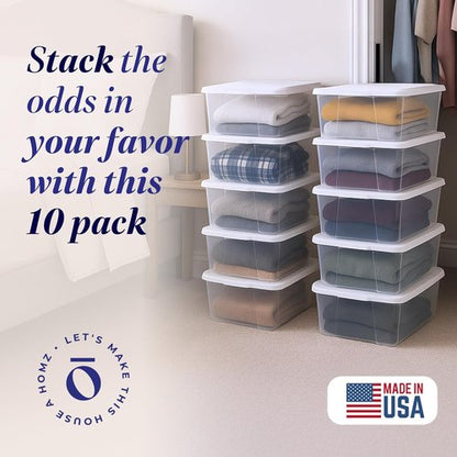 HOMZ 10-Pack Snaplock Storage Bins - Clear Plastic Organizer Containers with Lids, 6 Quart, White