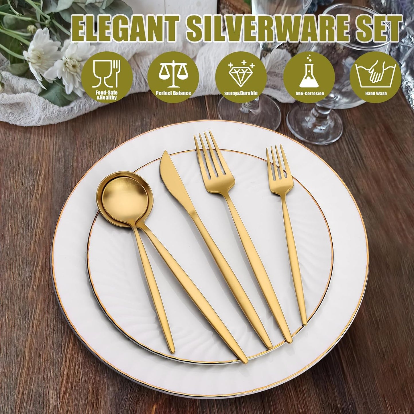 Terlulu 20-Piece Gold Silverware Set - Elegant Stainless Steel Flatware for 4 | Perfect for Home, Kitchen, and Weddings