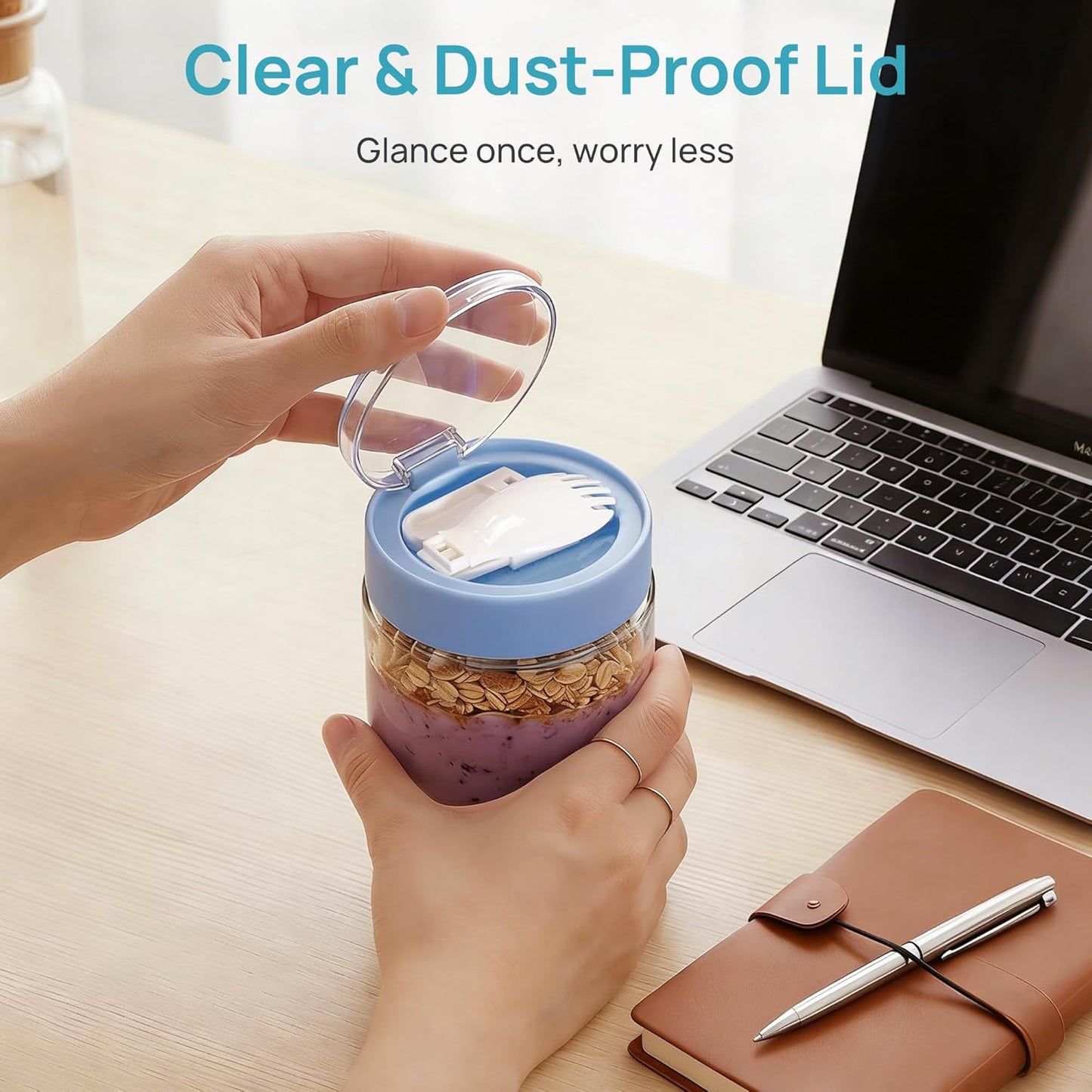 Vtopmart 16 oz Overnight Oats Containers - Airtight Glass Jars with Lids & Folding Spoons | 6 Pack