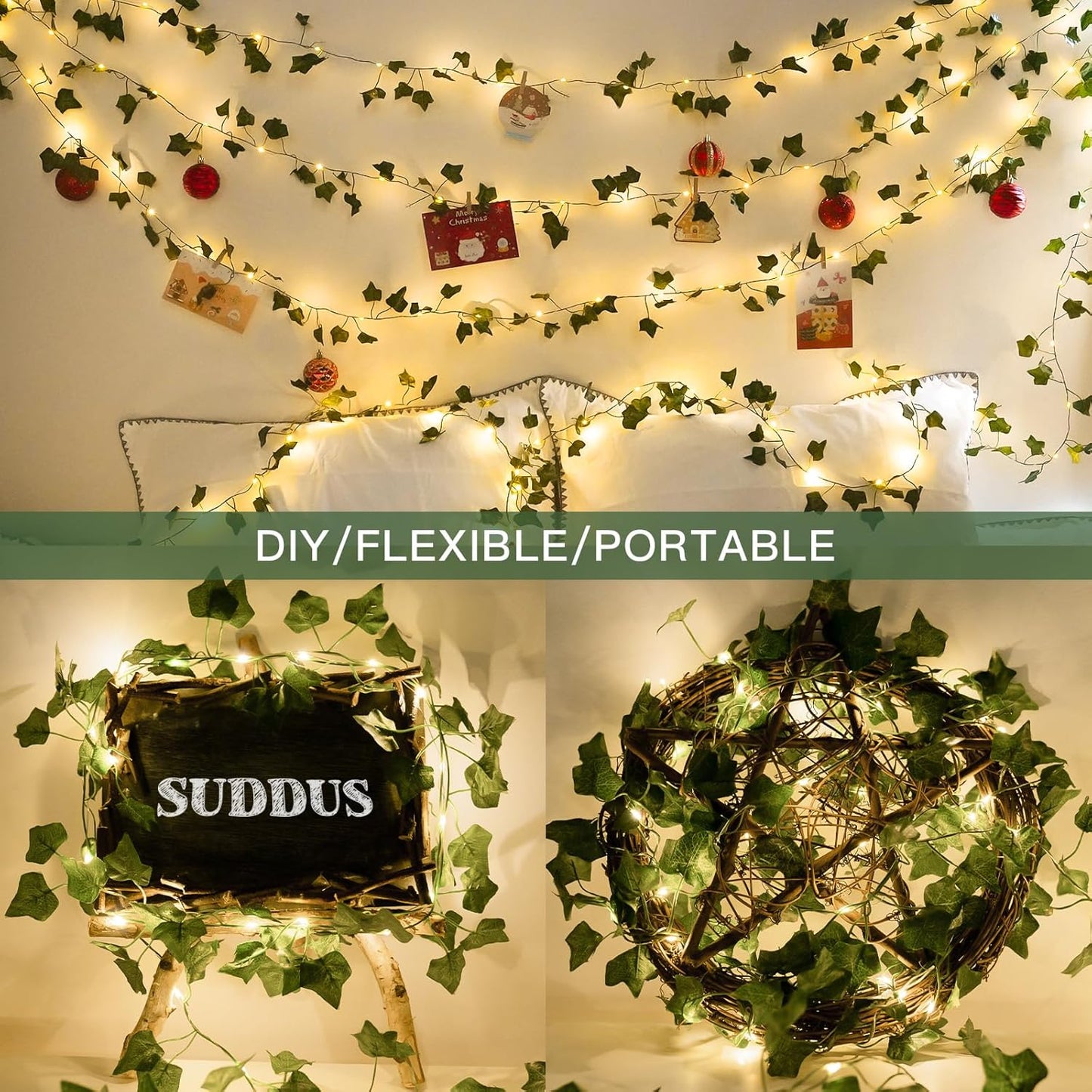Suddus Ivy String Lights - 33ft 100 LED Battery Operated Fairy Lights with Remote | Warm White Decor for Bedroom, Garden, Party, Wedding