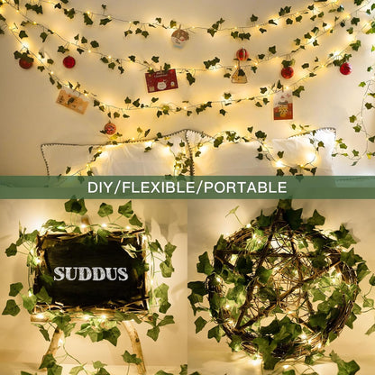 Suddus Ivy String Lights - 33ft 100 LED Battery Operated Fairy Lights with Remote | Warm White Decor for Bedroom, Garden, Party, Wedding