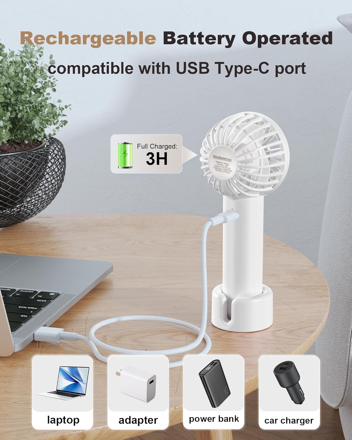 Skiennix Mini Handheld Fan - USB Rechargeable, 3-Speed Portable Design for Travel & Makeup - White