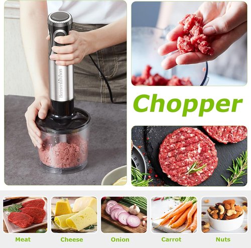 Bonsenkitchen Immersion Blender - 20-Speed Handheld Mixer with Turbo Mode & Stainless Steel Blade | Includes Whisk, Beaker & Chopper Bowl