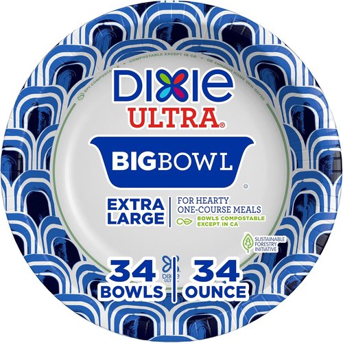 Dixie Ultra Extra Large Paper Bowls - 34 oz, Compostable & Microwave Safe | Ideal for Heavy Meals & Soups